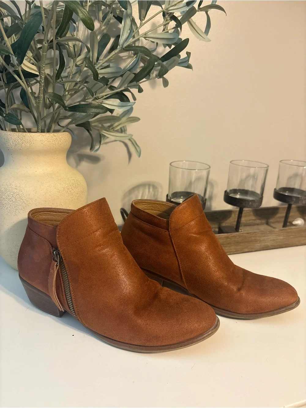 Women's Suede Ankle Booties in Camel Brown